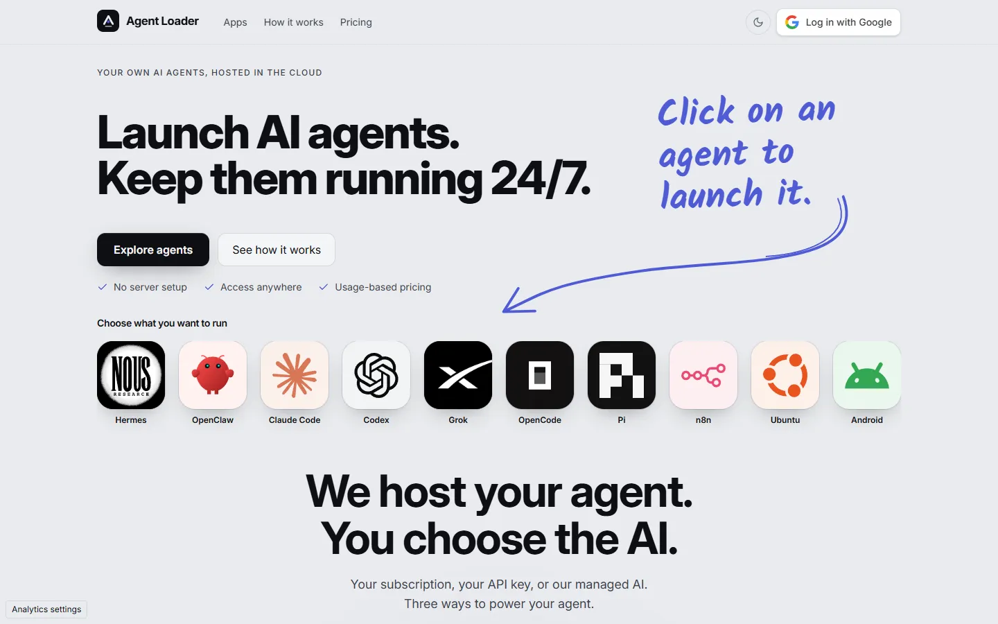 AgentLoader homepage showing OpenClaw and Hermes hosting
